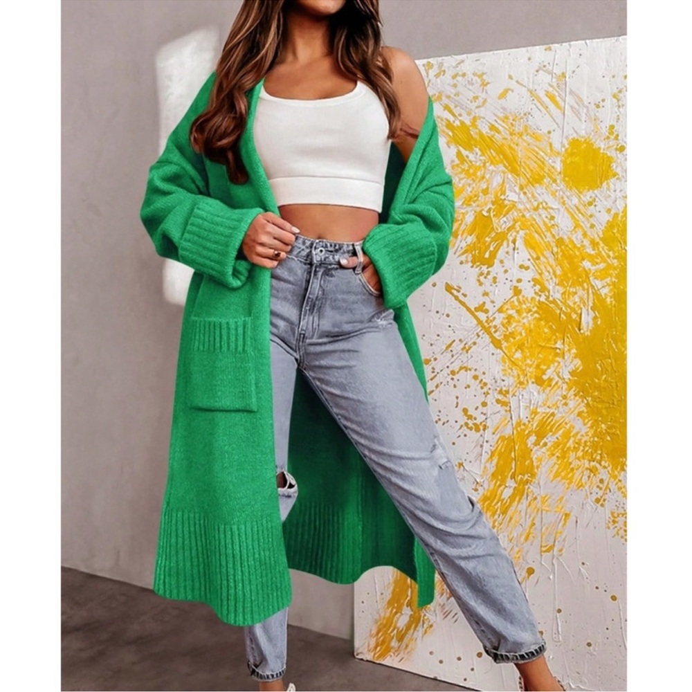 Solid Green Cuff Sleeve Open Front Loose Fit Cardigan S M L XL XXL